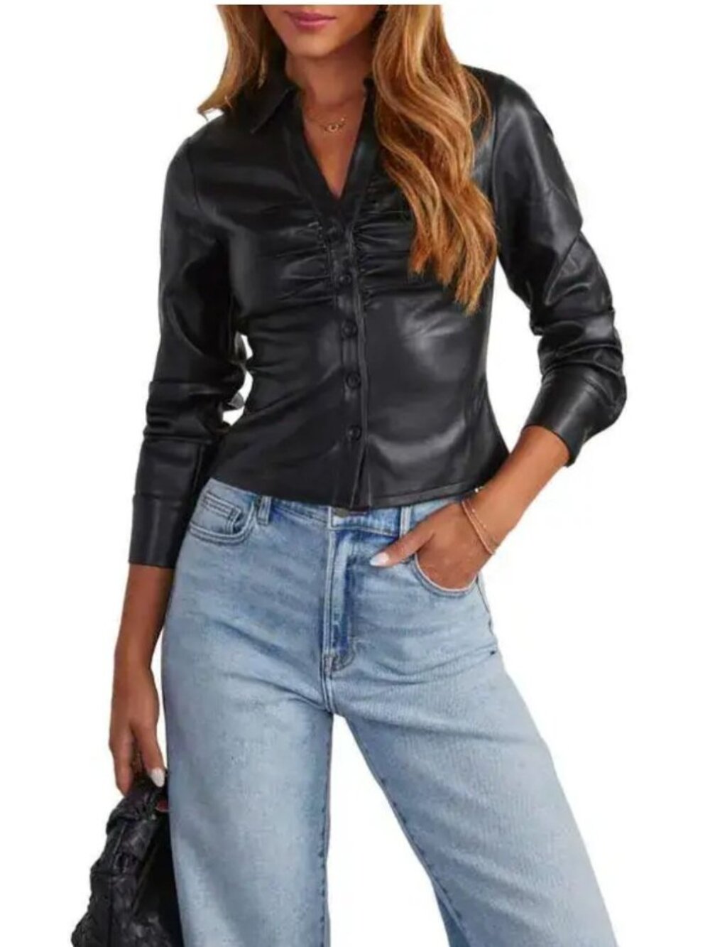 NEW Vici Fairfax Ruched Faux Leather Crop Shirt Black Button Size XS [jb]